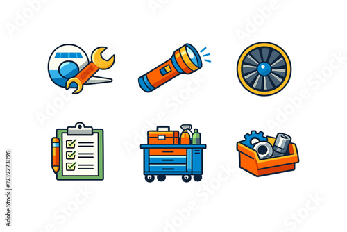 A set of six flat vector icons related to aircraft maintenance and repair, featuring a wrench, flashlight, jet engine, checklist, tool cart, and a toolbox with mechanical parts.