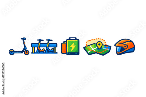 A set of five flat vector icons features elements of electric scooter sharing, such as a scooter, docking station, battery pack, navigation map, and a protective helmet.