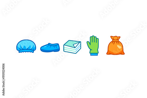 A set of five colorful icons representing hygiene and cleaning supplies, including a hairnet, shoe cover, napkins, a green glove, and an orange trash bag on a black background.