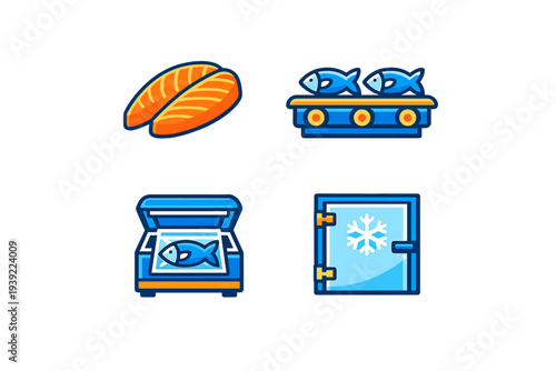 This set of four vector icons depicts various stages of fish processing, including fresh salmon fillets, a conveyor belt, vacuum sealing technology, and industrial cold storage.