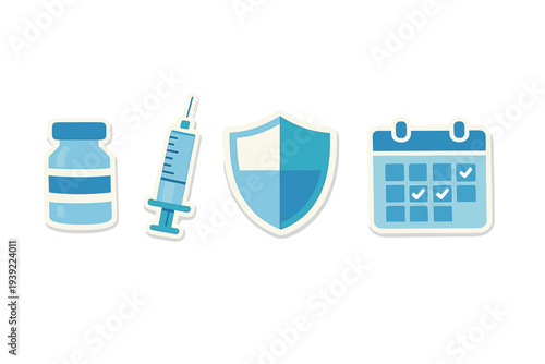 This illustration features four blue medical icons: a medicine bottle, a syringe, a shield for protection, and a calendar for scheduling, designed as stickers on a black backdrop.