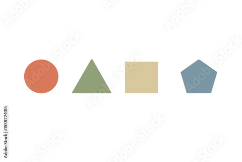 Four geometric shapes including a circle, triangle, square, and pentagon are displayed in a horizontal row. The shapes feature muted earth tones against a dark, textured background.