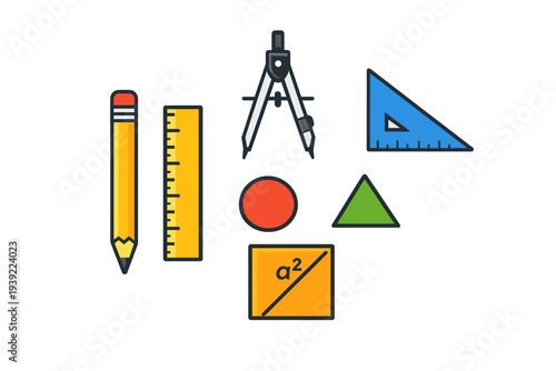 A collection of colorful geometry tools and mathematical shapes including a pencil, ruler, compass, and set square arranged on a black background for educational concepts.
