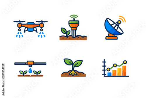 A set of six colorful flat icons representing smart agriculture technology, including a drone, soil sensor, satellite dish, irrigation system, growing plant, and data analysis chart.