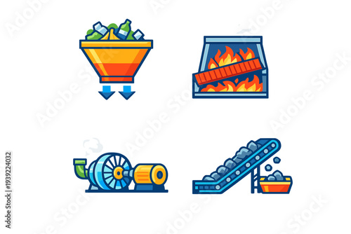 A set of four flat icons illustrating industrial waste management and energy production processes, including a waste hopper, an incinerator, a turbine, and a conveyor belt.