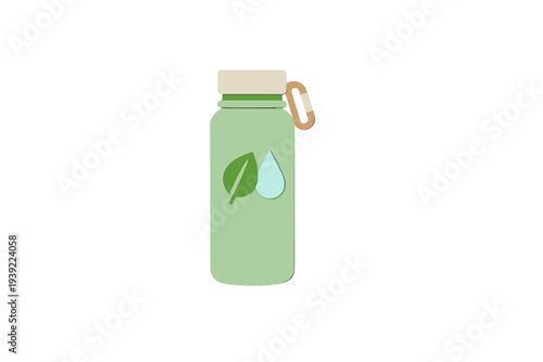 A light green reusable water bottle illustration featuring a leaf and a water drop icon. It has a beige cap and a brown carabiner clip, set against a solid black background.