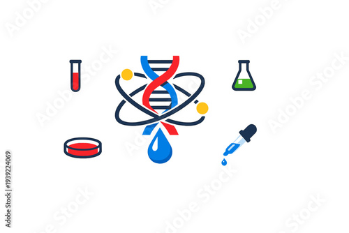 A collection of science icons featuring a DNA helix, an atom model, a water droplet, a test tube, a petri dish, a flask, and a pipette, all set against a solid black background.