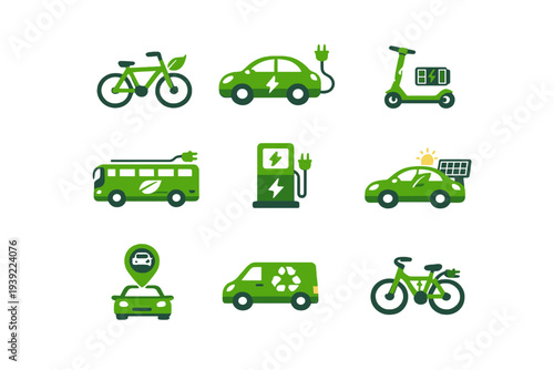 Set of green vector icons illustrating sustainable transport options like electric vehicles, solar cars, and bicycles, emphasizing clean energy and environmental conservation.