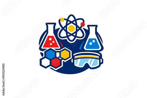 A flat illustration of science equipment including Erlenmeyer flasks, an atom model, safety goggles, and molecular structures on a dark blue circular background.