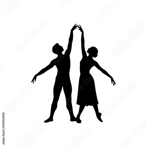 Silhouette of a male and female ballet dancers in graceful pose.