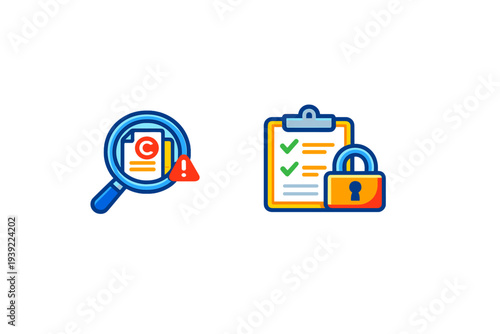 Colorful flat icons on a black background showing a magnifying glass over a copyright document and a clipboard with a padlock representing security and compliance.