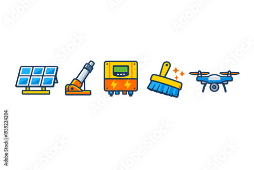 This collection of flat vector icons features solar energy equipment such as panels, controllers, and actuators, alongside maintenance tools like a brush and a monitoring drone.