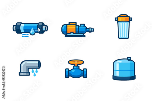 A collection of six plumbing and water system icons featuring a leaking pipe, a pump, a filter housing, an elbow joint with drips, a valve, and a blue storage tank on a black background.