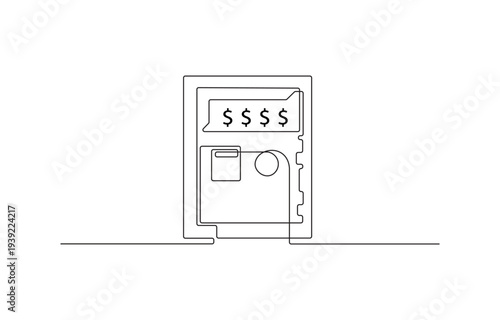 Simple, minimalist line drawing of an atm machine displaying dollar signs on