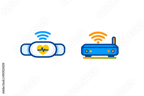 This graphic shows a blue wearable heart rate monitor with a yellow pulse icon and a blue wireless router with an orange signal symbol, both set against a plain black background.