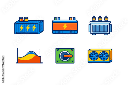 A set of six flat icons representing electrical energy storage and power management systems, including a battery container, transformer, data graph, and cooling unit on a black background.