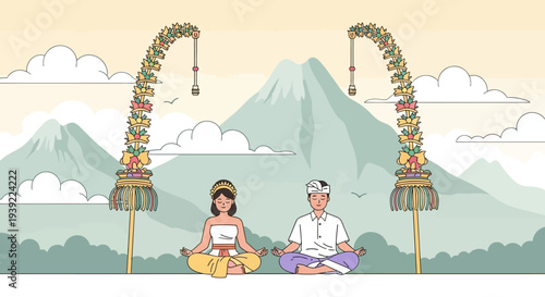 Balinese couple meditating in traditional attire with mountain backdrop