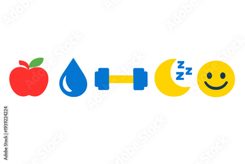 A row of five colorful icons on a black background representing healthy lifestyle habits including nutrition, hydration, physical exercise, sleep, and mental well-being.