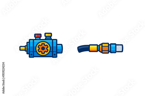 A blue mechanical pump icon with a gear emblem and a separate industrial hose connector. Both items are depicted in a stylized, colorful cartoon manner on a black background.