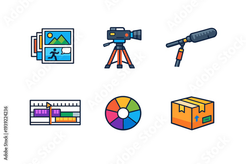 A collection of six colorful vector icons representing video production stages, including storyboarding, filming with a camera, sound recording, editing, color grading, and delivery.