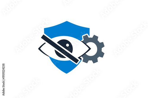 An illustration featuring a blue shield, a crossed-out eye icon, and a gear, symbolizing secure privacy settings and protected information on a dark background.