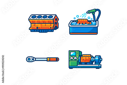 A set of four stylized icons depicting automotive engine repair processes, including an engine block, a cleaning station, a ratchet wrench, and a diagnostic machine on a black background.