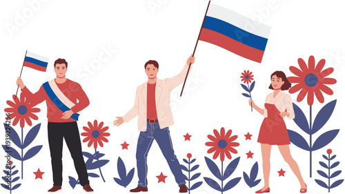 People Celebrating with Russian Flags and Flowers vector