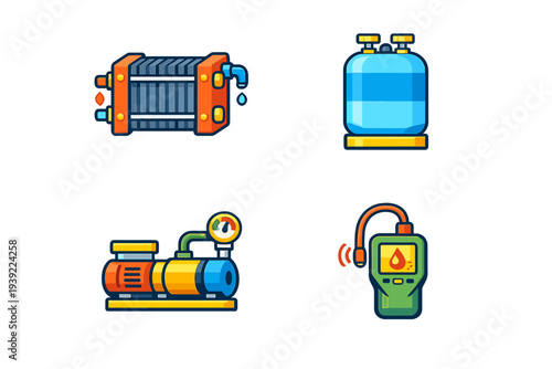 This set of four flat vector icons features industrial tools like a heat exchanger, a blue gas tank, a motorized water pump with a pressure gauge, and a handheld gas leak detector.