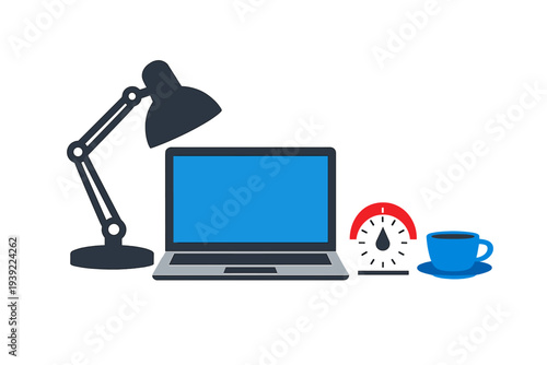 A flat vector illustration of a workspace featuring a desk lamp, a laptop with a blue screen, a red kitchen timer, and a blue coffee cup on a black background.