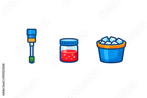 A set of three cartoon icons featuring a blue immersion blender, a glass jar filled with red liquid, and a blue bucket containing white ice cubes on a black background.