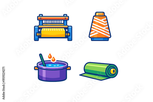 A set of four colorful vector icons representing the textile industry, featuring a weaving loom, a spool of orange yarn, a dyeing vat, and a roll of green fabric on a black background.