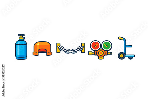 A set of flat vector icons illustrating gas cylinder safety equipment including a blue tank, protective cap, safety chain, pressure regulator, and a transport trolley on a black background.
