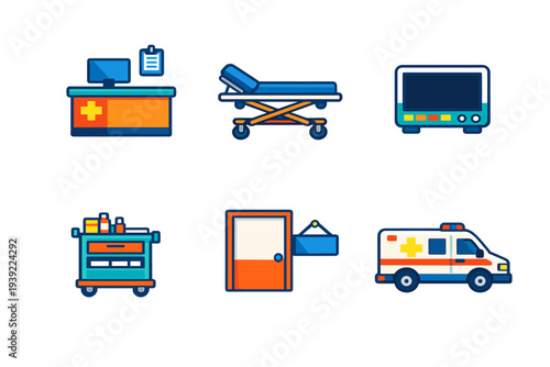 A collection of six medical and hospital icons featuring a reception desk, a stretcher, a patient monitor, a medical cart, a hospital door, and an ambulance in a flat design style.