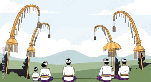 Balinese people in traditional attire during a ceremony with ornate Penjor decorations