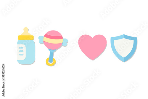 A collection of four paper-cut style icons including a baby bottle, a rattle, a pink heart, and a blue shield, all set against a solid black background in a clean, minimalist design.
