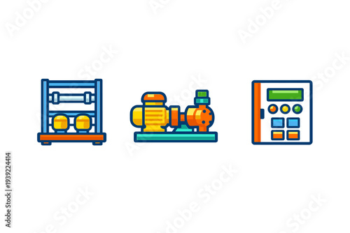A set of three colorful flat icons representing industrial equipment including a storage rack with tanks, a motor pump assembly, and a digital control panel on a black background.