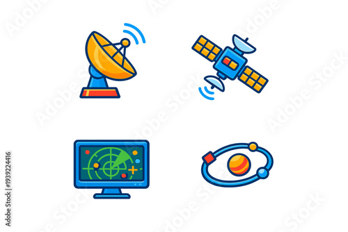 A set of four colorful vector icons featuring a satellite dish, an orbiting satellite, a radar screen monitor, and a planet with celestial bodies in orbit on a black background.