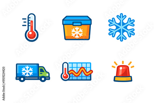 A set of six flat vector icons representing cold chain logistics, including a thermometer, cooler box, snowflake, refrigerated truck, temperature graph, and emergency alarm.