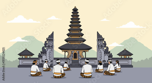 Balinese people in traditional attire meditating at a temple gate, spiritual gathering