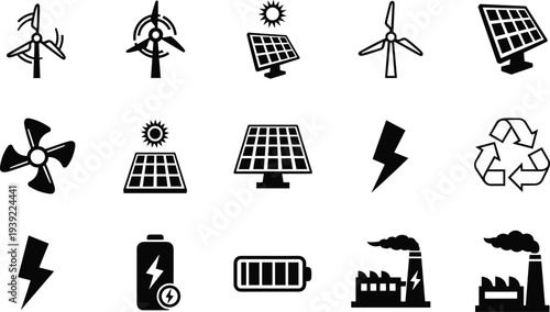 Black and white sustainable energy icon set featuring wind turbines solar panels recycling symbols battery storage and industrial factory power plants for environment