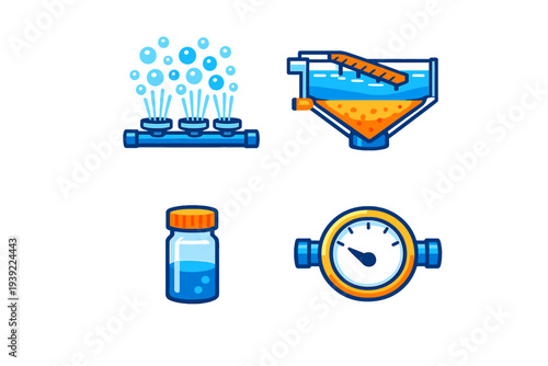 A set of four flat vector icons representing water treatment processes including aeration, sedimentation, laboratory sampling, and a pressure gauge meter on a black background.