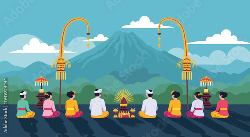 Balinese people in traditional attire performing a ritual ceremony with mountains and sky background