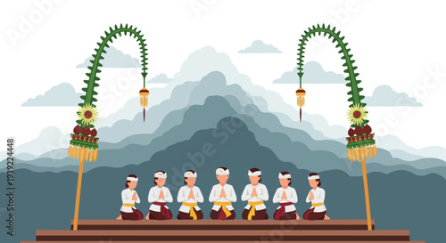 Balinese people in traditional attire praying at a sacred mountain shrine with ornate decorations.