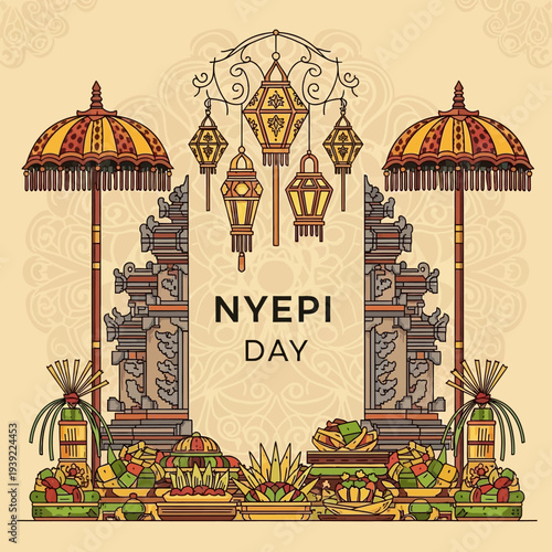 Balinese Nyepi Day Celebration: Traditional Gate, Offerings, and Lanterns