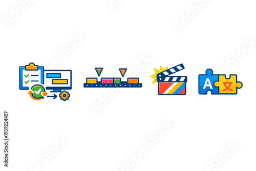 Four vibrant vector icons depicting workflow management, a video editing timeline, a film clapperboard, and language translation puzzle pieces isolated on a black background.