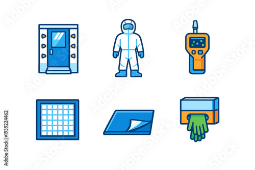 A set of six flat vector icons representing cleanroom equipment and safety protocols, including a hazmat suit, air shower, particle counter, HEPA filter, sticky mat, and glove dispenser.