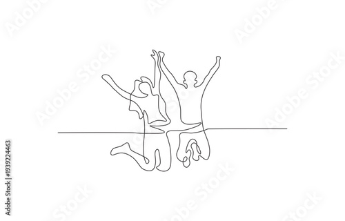 Simple continuous line drawing of a happy couple leaping with elated expressions.