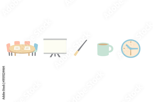 A collection of flat icons representing a business meeting, including a conference table with chairs, a projector screen, a pointer, a coffee mug, and a round wall clock.