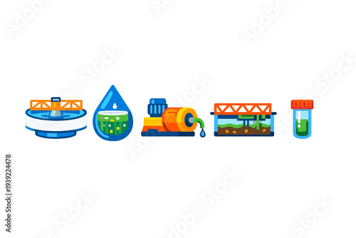 A set of five colorful flat icons representing various stages of water treatment and wastewater management, including a clarifier, a pump, and a laboratory test tube.