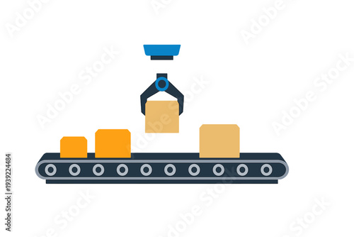 This flat vector illustration shows a mechanical claw arm lifting a cardboard box from a conveyor belt, representing automated logistics and industrial manufacturing processes.